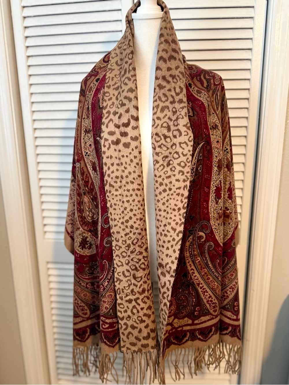 Wool Paisley Leopard Fringe Shawl Wrap - Beige & Burgundy Capsule Layering